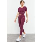 Bordo Yüksek Bel Kapri-Crop T-Shirt Slim Fit Kadın Tayt Takım - 95285 | XL