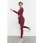 Bordo Yüksek Bel Uzun Kollu Slim Fit Crop Top Kadın Tayt Takım - 95286 | S