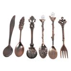 BORDSTRACT 6 Parça Oyma Vintage Kaşık Seti, Kaşık Çatal Bıçak Takımı Kraliyet Sofra Takımı Metal Mini Meyve Mutfak Yemek Odası için, Retro Sofra Takımı Tatlı (Reddish Bronz Color)