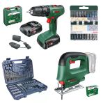 Bosch Easyımpact 18V-40 Akülü Matkap (Çift Akü, 2,0 Ah) + Easysaw Dekupaj Testeresi Aküsüz (Solo) + Karışık Dekupaj Testere Seti 10 Lu + V-Line 103 Parça Karışık Aksesuar Seti