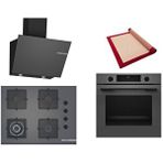 Bosch Gri 3 Lü Ankastre Set 421 ( HUA717BN0T - POH7C9P30O - DWK66PJ70T ) 67CM Wok Bek Ocak - Buhar Destekli Fırın - Pişirme Matı ile