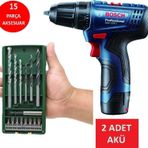 Bosch Matkap Darbesiz Çift Akülü Şarjlı Matkap Akülü Vidalama + 15 Parça Matkap Ucu Vidalama Ucu