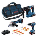 Bosch Professional GSB 18V-65 Akülü Darbeli Vidalama & GWS 18V-11 Akülü Taşlama & 187-LI Akülü Kırıcı Delici & VDE Tornavida Pense Seti & 3x 5.0 Ah Akü & GAL 18V-40 Şarj Cihazı & L-BAG, Karton Kutuda