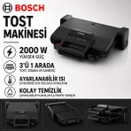 Bosch Siyah Renkli 2000 W Tost ve Izgara Makinesi, Geniş Pişirme Alanı, Ayarlanabilir Isı Seviyesi ve Kolay Temizlenen Plaka Yapısıyla Pratik Kullanım ve Günlük Mutfak Kullanımına Uygun Pratik Çözüm