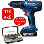 Bosch Tek Akülü Şarjlı Matkap Darbeli Matkap 18v Akülü Vidalama + Bosch 32 Parça Vidalama Ucu Seti 1