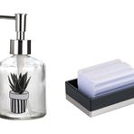 Bosphorus Homi BANYO SETİ,BİTKİ DESENLİ CAM SIVI SABUNLUK VE AKRİLİK SİYAH SABUNLUK