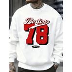 Boston Numarası 78 Baskılı Erkek Kazak Rahat Hip Hop Kazaklar Vintage Büyük Boy Bisiklet Yaka - Beyaz - 2XL