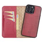 BOULETTA iPhone 13 Pro için Kılıf - Hakiki Deri Cüzdan Folyo Kılıflar Manyetik Çıkarılabilir RFID Engelleme Magsafe Flip Stand Telefon Kılıfı ile Uyumlu 3 Kart Yuvası ve Destek Çubuğu 15,1 cm Kırmızı