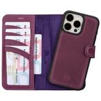 BOULETTA iPhone 15 Pro Max Cüzdan Telefon Kılıfı MagSafe ile Uyumlu, Tam Tahıl Deri, Manyetik Çıkarılabilir Folyo Telefon Kılıfı (2'si 1 arada) - 4 Kart Tutucu RFID Engelleme 6,7 inç, Mor