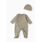 Boumini Bebek Patikli Tulum Şapka Set Bahar Çiçekli Haki - 3 - 6 Ay