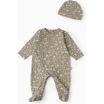 Boumini Bebek Patikli Tulum Şapka Set Bahar Çiçekli Haki - Prematüre
