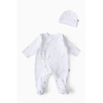 Boumini Bebek Patikli Tulum Şapka Set Beyaz Desenli (6-9 ay)