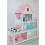 Boyalı Ahşap Barbie Bebek Evi Oyuncak (15 Adet Mobilya Hediyeli)