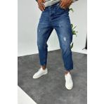Boyfriend Mavi Taşlamalı Yırtık Model Kot Pantolon