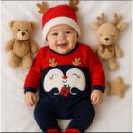 Boynuzlu Penguen Şapkalı Tulum 3-6 ay - Kırmızı - 3-6 M