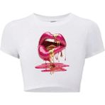 Bozz Collection Kadın Casu Lip Dudak Baskılı Crop T-Shirt - Beyaz - L - XL