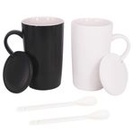 BPFY 16 oz Kapaklı ve Kaşıklı 2'li Seramik Kahve Kupası Seti, Süt Kupası Klasik Kupa Çay, Kahve, Kakao, Siyah ve Beyaz Evlilik veya Çiftler için İçki Kupaları (473 ml)