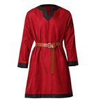 BPURB Erkek Orta Çağ Şövalyesi Tunik Viking Savaşçı Uzun Kollu Gömlekler Kemerli Korsan LARP Cosplay Kostümü, Kırmızı, M