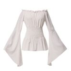 BPURB Kadın orta çağ Viktorya dönemi omzu açık bluz gömlek şık parti tunik üst giyim retro gotik Rönesans çan kollu bluz, Beyaz, XL