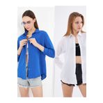 brako tekstil Kadın Beyaz-Mavi Oversize Uzun Basic Gömlek