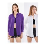 brako tekstil Kadın Beyaz - Mor Oversize Uzun Basic Gömlek