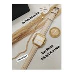 Brality HAKİKİ DERİ Bej Renk Dikişli Kordon Vintage Oval Kare Kadın Kol Saati.. Gold Renk Kasa