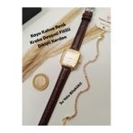 Brality Minimal Vintage Retro Kadın Kol Saati Koyu Kahve RENK Kordon, Gold RENK Kasa - SU YOLU BİLEKLİKLİ