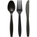 Braventa Collection Plastik Lüks Çatal-Kaşık- Bıçak 3 Lü Siyah Siyah Set 100 Lü