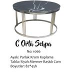 Brc 13350 Orta Sehpa C Model Siyah Mermer Temper Cam Metal Gümüş Renk El Yapım