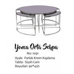 Brc Yonca Zigon-Orta Sehpa Duz Siyah Temper Cam Metal Gumus Renk Kaplama El Yapim