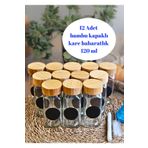 BRE HOME 12 adet bambu kapaklı kare cam baharatlık, serpme başlıklı, etiketli hunili kalemli fırçalı