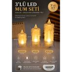 BRE HOME 3'lü Eriyen Mum Görünümlü Mini LED Pilli Mum Seti - Kristal Dokulu Damla Efektli Dekoratif Gece Lambası (5.5 / 7.5 / 10.5 cm)