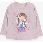 Breeze Bej Melanj 1-4 Yaş Uzun Kollu Sevimli Baskılı Kız Çocuk T-shirt