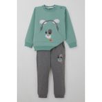 Breeze Erkek Bebek Eşofman Takımı Kulaklıklı Köpekçik Nakışlı 9 Ay-3 Yaş, Su Yeşili