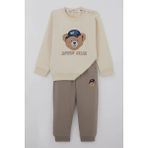 Breeze Erkek Bebek Eşofman Takımı Sevimli Ayıcık Aplikeli Kolej Model 9 Ay-3 Yaş, Krem - 1 Yaş