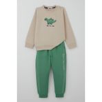 Breeze Erkek Bebek Eşofman Takımı Sevimli Dinozor Nakışlı 9 Ay-3 Yaş, Bej - 1 Yaş
