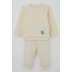 Breeze Erkek Bebek Pijama Takımı Omuzdan Patlı Kanguru Cepli Sevimli Fil Armalı 4 Ay-1 Yaş, Krem - 6 Ay
