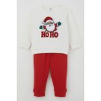 Breeze Erkek Bebek Pijama Takımı Omuzdan Patlı Peluş Sakallı Hoho Noel Baba 4 Ay-1 Yaş, Ekru