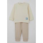 Breeze Erkek Bebek Pijama Takımı Omuzdan Patlı Sevimli Uykucu Yıldız Armalı 4 Ay-1 Yaş, Krem - 9 Ay