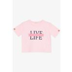 BREEZE Kız Çocuk Crop Tişört Kolları Düğme Aksesuarlı Simli Yazı Baskılı 9-16 Yaş, Pembe