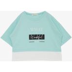 Breeze Kız Çocuk Crop Tişört Yanları Yırtmaçlı Yazı Baskılı 9-14 Yaş, Su Yeşili - 10 Yaş