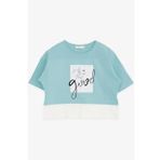 BREEZE Kız Çocuk Crop Tişört Yazı Baskılı Yanları Yırtmaçlı 9-14 Yaş, Mint Yeşili