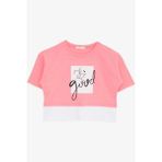 Breeze Kız Çocuk Crop Tişört Yazı Baskılı Yanları Yırtmaçlı 9-14 Yaş, Neon Pembe - 11 Yaş