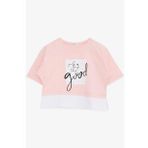 BREEZE Kız Çocuk Crop Tişört Yazı Baskılı Yanları Yırtmaçlı 9-14 Yaş, Pembe