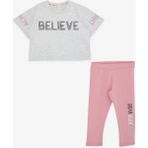 Breeze Kız Çocuk Kapri Taytlı Crop Takım Yazı Baskılı 8-12 Yaş, Açık Gri Melanj - 8 Yaş