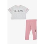 BREEZE Kız Çocuk Kapri Taytlı Crop Takım Yazı Baskılı 8-12 Yaş, Açık Gri Melanj