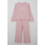 Breeze Kız Çocuk Pantolonlu Takım Yazı Nakışlı Fiyonk Detaylı 4-8 Yaş, Pembe - 5 Yaş