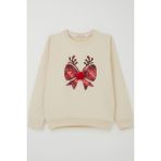 Breeze Kız Çocuk Sweatshirt Ponponlu Yılbaşı Kurdeleli 6-12 Yaş, Krem - Krem Rengi - 8 Yaş