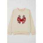 Breeze Kız Çocuk Sweatshirt Ponponlu Yılbaşı Kurdeleli 6-12 Yaş, Krem