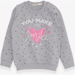 Breeze Kız Çocuk Sweatshirt Simli Kalp Baskılı 2-6 Yaş, Gri Melanj - 2 Yaş